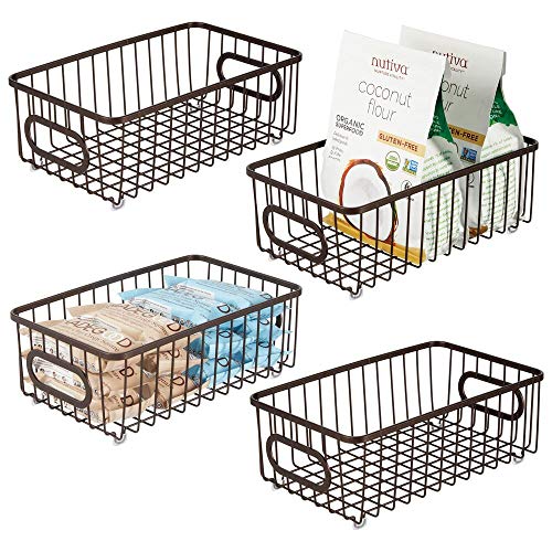 mDesign Metal Farmhouse Kitchen Pantry Food Storage Organizer Basket Bin – Wire Grid Design – for Cabinets, Cupboards, Shelves, Countertops, Closets, Bedroom, Bathroom – Small Wide, 4 Pack – Bronze