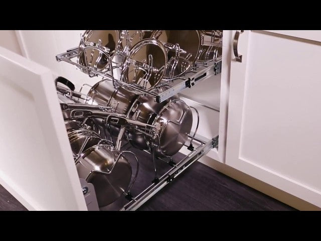 Two-Tier Pots, Pans and Lids Organizer for Kitchen Cabinet Installation by Rev-A-Shelf - Call us at 1-800-667-8721 or Visit: ...