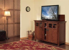 Load image into Gallery viewer, Home touchstone 70062 bungalow tv lift cabinet chestnut oak up to 60 inch tvs diagonal 55 in wide mission style motorized tv cabinet pop up tv cabinet with memory feature ir rf 12v trigger