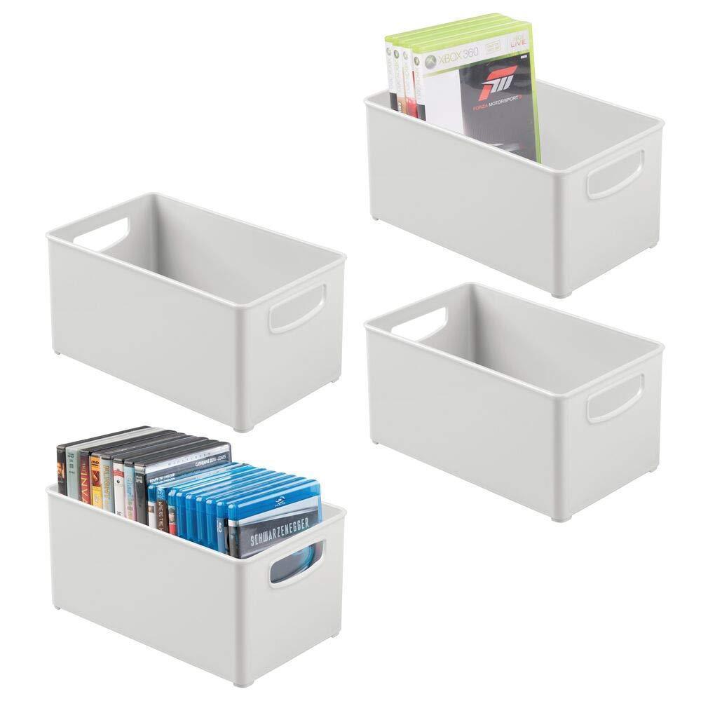 Storage mdesign plastic stackable home storage organizer container bin box with handles for media consoles closets cabinets holds dvds blu ray video games gaming accessories 4 pack light gray