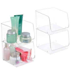 Home mdesign large stackable plastic bathroom storage organizer bin basket with wide open front for vanity countertops cabinets closets under sinks cube 7 75 wide 4 pack clear