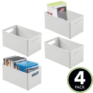 Try mdesign plastic stackable home storage organizer container bin box with handles for media consoles closets cabinets holds dvds blu ray video games gaming accessories 4 pack light gray