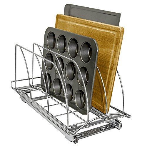 Lynk Professional Slide Out Cutting Board, Bakeware, and Tray Organizer with Pull Out Kitchen Cabinet Rack, 10w x 21d x 9.6h-inch, Chrome