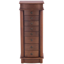Load image into Gallery viewer, Discover the giantex jewelry armoire cabinet stand with 8 drawers top divided storage organizer with flip makeup mirror lid large side door chest cabinets antique wood standing armoires jewelry box w 8 hooks
