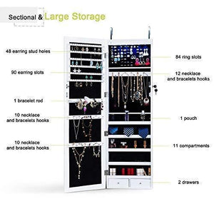 Storage homevibes jewelry cabinet jewelry armoire 6 leds mirrored makeup lockable door wall mounted jewelry organizer hanging storage mirror with 2 drawers white