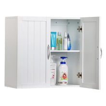 Load image into Gallery viewer, Shop for white wall mounted wooden kitchen cabinet bathroom shelf laundry mudroom garage toiletries medicines tools storage organizer cupboard unit ample storage space solid construction stylish modern design