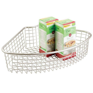 Shop here mdesign farmhouse metal kitchen cabinet lazy susan storage organizer basket with front handle large pie shaped 1 4 wedge 4 4 deep container 2 pack satin