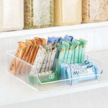 Load image into Gallery viewer, Shop here mdesign plastic wide food storage organizer bin caddy for kitchen pantry cabinet countertop holds baking supplies spices pouches dressing mixes tea sugar packets 6 sections 5 pack clear
