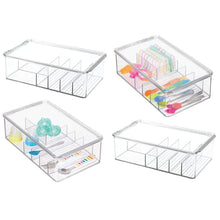 Load image into Gallery viewer, Cheap mdesign stackable plastic storage organizer container for kitchen cabinets pantry countertops holds kids child toddler mealtime sets small accessories 6 sections bpa free 4 pack clear