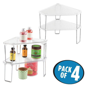 Home mdesign corner plastic metal freestanding stackable organizer shelf for kitchen countertop pantry or cabinet for storing plates mugs bowls canned goods baking supplies 4 pack clear chrome