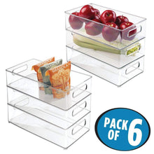 Load image into Gallery viewer, Home mdesign large stackable kitchen storage organizer bin with pull front handle for refrigerators freezers cabinets pantries bpa free food safe deep rectangle tray basket 6 pack clear