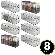 Load image into Gallery viewer, Top rated mdesign plastic stackable household storage organizer container bin with handles for media consoles closets cabinets holds dvds video games gaming accessories head sets 8 pack smoke gray