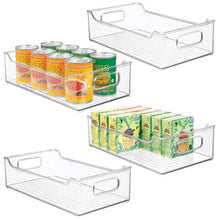 Load image into Gallery viewer, Selection mdesign wide stackable plastic kitchen pantry cabinet refrigerator or freezer food storage bin with handles organizer for fruit yogurt snacks pasta bpa free 14 5 long 4 pack clear