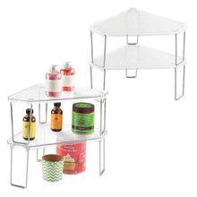 Load image into Gallery viewer, Explore mdesign corner plastic metal freestanding stackable organizer shelf for kitchen countertop pantry or cabinet for storing plates mugs bowls canned goods baking supplies 4 pack clear chrome
