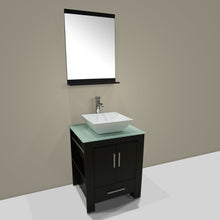 Load image into Gallery viewer, Best walcut 24 inch bathroom vanity and sink combo modern black mdf cabinet ceramic vessel sink with faucet and pop up drain mirror tempered glass counter top