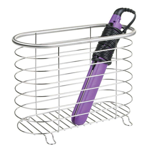 mDesign Metal Wire Hair Care & Styling Tool Organizer Holder Basket - Bathroom Vanity Countertop Storage for Hair Dryer, Flat Irons, Curling Wands, Hair Straighteners - Brushed