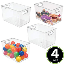 Load image into Gallery viewer, Results mdesign deep plastic home storage organizer bin for cube furniture shelving in office entryway closet cabinet bedroom laundry room nursery kids toy room 12 x 8 x 8 4 pack clear
