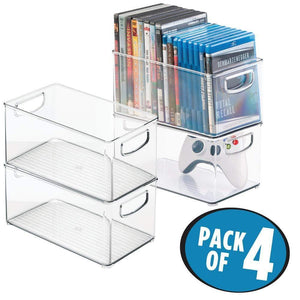 Online shopping mdesign plastic stackable household storage organizer container bin box with handles for media consoles closets cabinets holds dvds video games gaming accessories head sets 4 pack clear