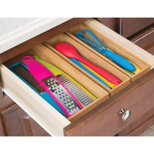 Load image into Gallery viewer, Online shopping mdesign bamboo kitchen cabinet drawer organizer stackable tray bin eco friendly multipurpose use in drawers on countertops shelves or in pantry 15 long 6 pack natural wood finish