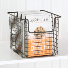 Load image into Gallery viewer, Kitchen mdesign household metal kitchen pantry food storage organizer basket bin farmhouse grid design or cabinets cupboards shelves holds potatoes onions fruit 8 wide 8 pack bronze