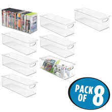 Load image into Gallery viewer, Exclusive mdesign plastic stackable household storage organizer container bin with handles for media consoles closets cabinets holds dvds video games gaming accessories head sets 8 pack clear