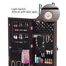 Load image into Gallery viewer, Top giantex wall door mounted jewelry armoire organizer with 2 led lights lockable height adjustable jewelry cabinet with full length mirror large capacity dressing makeup jewelry mirror storage brown
