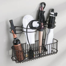 Load image into Gallery viewer, On amazon mdesign metal wire cabinet wall mount hair care styling tool organizer bathroom storage basket for hair dryer flat iron curling wand hair straightener brushes holds hot tools bronze