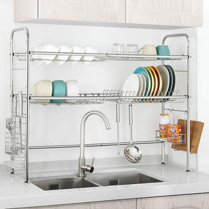 Budget nex 2 tier stainless steel drying dish rack non slip length adjustable kitchen cabinets with chopstick holder double groove