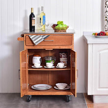 Load image into Gallery viewer, Budget friendly giantex wood kitchen trolley cart rolling kitchen island cart with stainless steel top storage cabinet drawer and towel rack