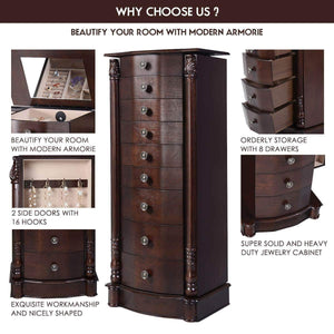 Save giantex large jewelry armoire cabinet with 8 drawers 2 swing doors 16 hooks top mirror boxes standing cambered front storage chest stand large standing jewelry armoire dark walnut