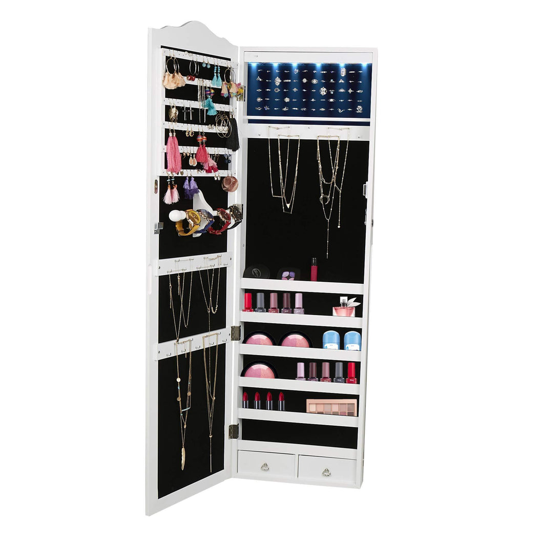 Top mind reader hmled14 wht hanging cabinet 14 led lights wall mounted jewelry armoire organizer with mirror 2 drawers necklaces rings earrings bracelets white