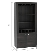 Load image into Gallery viewer, Budget tuhome montenegro collection bar cabinet home bar comes with a 5 bottle wine rack storage cabinets 3 shelves and a 15 wine glass rack with a modern dark weathered oak finish