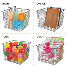 Load image into Gallery viewer, Budget mdesign metal wire open front organizer basket for kitchen pantry cabinet shelf holds canned goods baking supplies boxed food mixes fruits vegetables snacks 10 wide 4 pack graphite gray