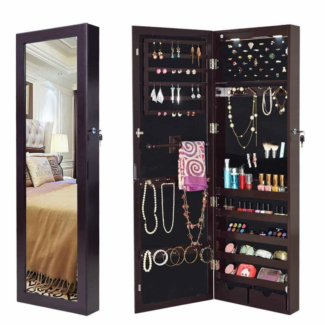 Storage giantex wall door mounted jewelry armoire organizer with 2 led lights lockable height adjustable jewelry cabinet with full length mirror large capacity dressing makeup jewelry mirror storage brown