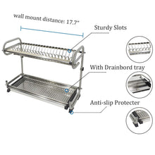 Load image into Gallery viewer, Products 2 tier kitchen cabinet dish rack 19 3 wall mounted stainless steel dish rack steel dishes drying rack plates organizer rubber leg protector with drain board