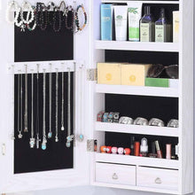 Load image into Gallery viewer, On amazon gissar full length mirror jewelry cabinet 6 leds jewelry armoire wall mounted over the door hanging jewelry organizer storage with lights lockable white