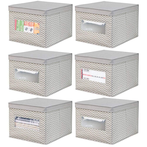 Best mdesign decorative soft stackable fabric office storage organizer holder bin box container clear window lid for cabinets drawers desks workspace large foldable chevron print 6 pack taupe