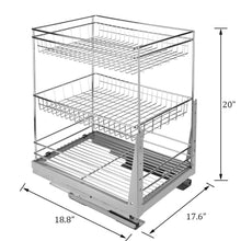 Load image into Gallery viewer, Purchase 17 6 in length cabinet pull out chrome wire basket organizer 3 tier cabinet spice rack shelves bowl pan pots holder full pullout set