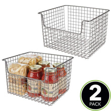 Load image into Gallery viewer, Results mdesign metal kitchen pantry food storage organizer basket farmhouse grid design with open front for cabinets cupboards shelves holds potatoes onions fruit 12 wide 2 pack graphite gray