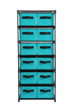 Load image into Gallery viewer, Results homebi storage chest shelf unit 12 drawer storage cabinet with 6 tier metal wire shelf and 12 removable non woven fabric bins in turquoise 20 67w x 12d x49 21h
