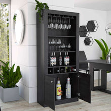 Load image into Gallery viewer, Buy tuhome montenegro collection bar cabinet home bar comes with a 5 bottle wine rack storage cabinets 3 shelves and a 15 wine glass rack with a modern dark weathered oak finish