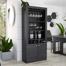Load image into Gallery viewer, Amazon best tuhome montenegro collection bar cabinet home bar comes with a 5 bottle wine rack storage cabinets 3 shelves and a 15 wine glass rack with a modern dark weathered oak finish