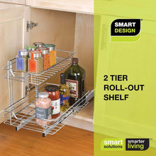 Load image into Gallery viewer, Related smart design 2 tier roll out under sink sliding organizer w mounting hardware medium steel metal holds 100 lbs cabinets cookware bakeware items kitchen 18 32 x 14 inch chrome