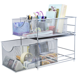 Save sorbus cabinet organizer set mesh storage organizer with pull out drawers ideal for countertop cabinet pantry under the sink desktop and more silver two piece set