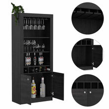 Load image into Gallery viewer, Budget friendly tuhome montenegro collection bar cabinet home bar comes with a 5 bottle wine rack storage cabinets 3 shelves and a 15 wine glass rack with a modern dark weathered oak finish