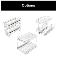 Load image into Gallery viewer, Results smart design 2 tier roll out under sink sliding organizer w mounting hardware medium steel metal holds 100 lbs cabinets cookware bakeware items kitchen 18 32 x 14 inch chrome