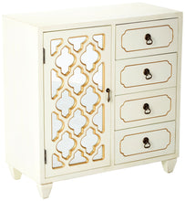 Load image into Gallery viewer, Purchase heather ann creations 4 drawer wooden accent chest and cabinet multi clover pattern grille with mirrored backing 30 75h x 29 5w beige gold
