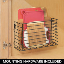 Load image into Gallery viewer, Discover mdesign metal over cabinet kitchen storage organizer holder or basket hang over cabinet doors in kitchen pantry holds bakeware cookbook cleaning supplies 2 pack steel wire in bronze