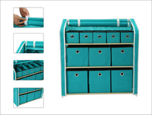 Load image into Gallery viewer, New homebi multi bin storage shelf 11 drawers storage chest linen organizer closet cabinet with zipper covered foldable fabric bins and sturdy metal shelf frame in turquoise 31w x12 dx32h