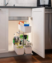 Load image into Gallery viewer, Heavy duty cleaningagent under sink organizer chrome steel and white sliding pull out base cabinet storage removable carrying caddy dishwasher safe easy install